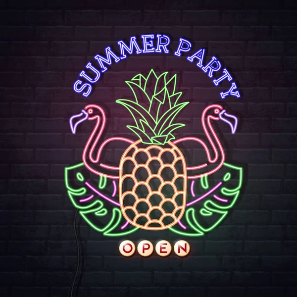 Neonskylt sommarfest med fluorescerande Tropic löv, Flamingo och ananas. Vintage elektrisk skylt. — Stock vektor