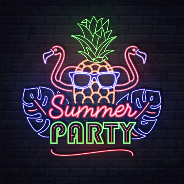 Neon sign summer party with fluorescent tropic leaves, flamingo and pineapple. Vintage electric signboard. — Stock Vector