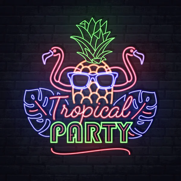 Neon sign tropical party with fluorescent tropic leaves, flamingo and pineapple. Vintage electric signboard. — Stock Vector