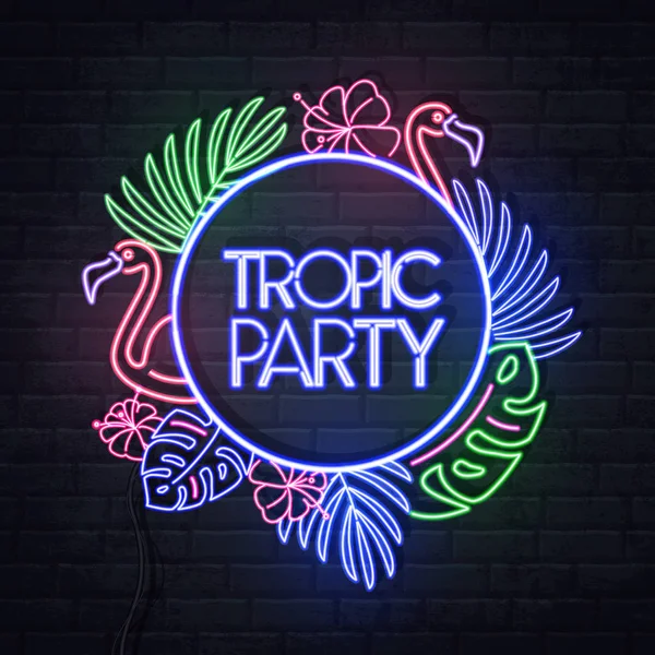 Neon sign tropic party mit fluoreszierenden tropischen Blättern. Elektrische Anzeigetafel. — Stockvektor