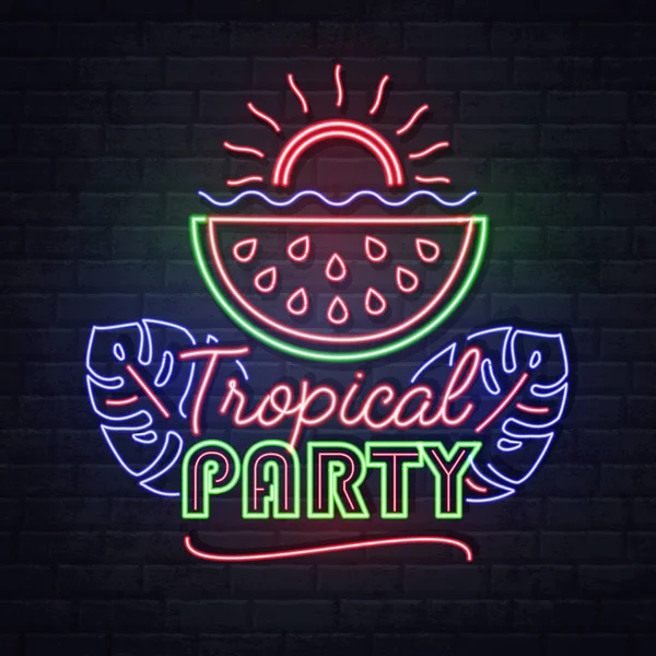 Neonskylt trpical Party med fluorescerande Tropic blad och vattenmelon. Vintage elektrisk skylt. — Stock vektor