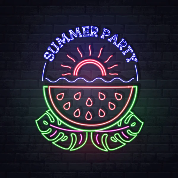 Neonskylt sommarfest med fluorescerande Tropic löv och vattenmelon. Vintage elektrisk skylt. — Stock vektor