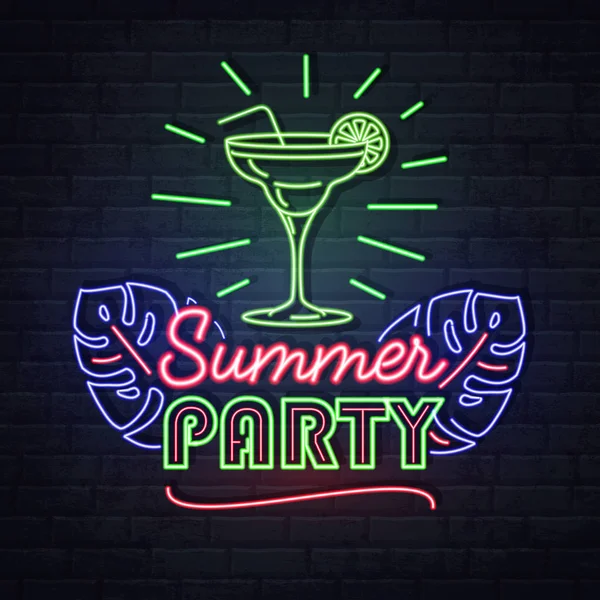 Neon sign summer party with cocktail and fluorescent tropic leaves. Vintage electric signboard. — Stock Vector