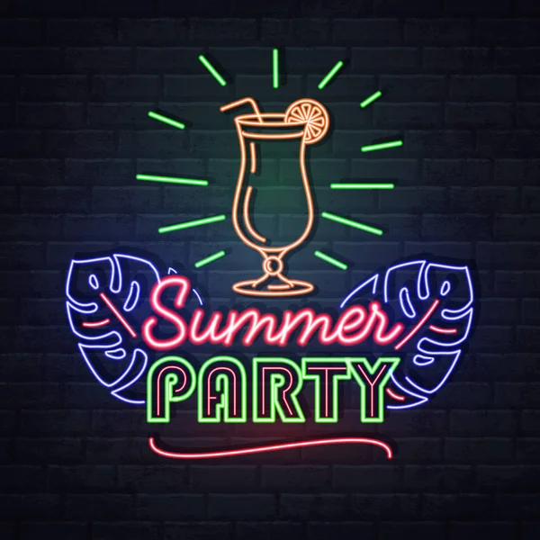 Neon sign summer party with cocktail and fluorescent tropic leaves. Vintage electric signboard. — Stock Vector