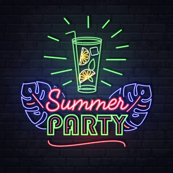 Neon signe fête d'été avec cocktail et feuilles tropiques fluorescentes. Panneau électrique vintage . — Image vectorielle