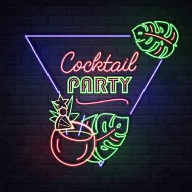 Floresan tropik yaprakları ile Neon işareti kokteyl parti. Vintage elektrikli tabela.
