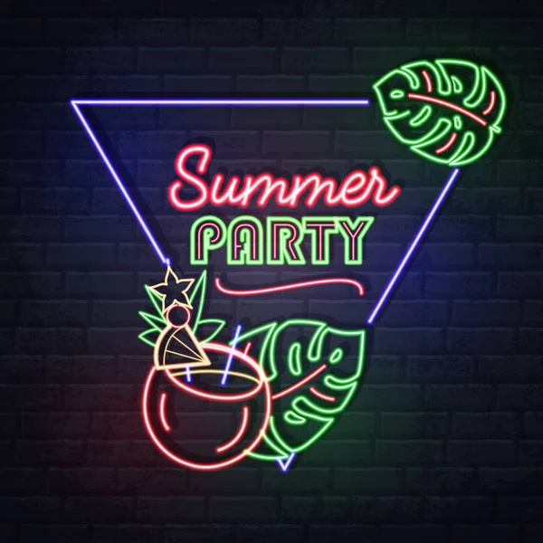 Neon sign summer party with cocktail and fluorescent tropic leaves. Vintage electric signboard. — Stock Vector