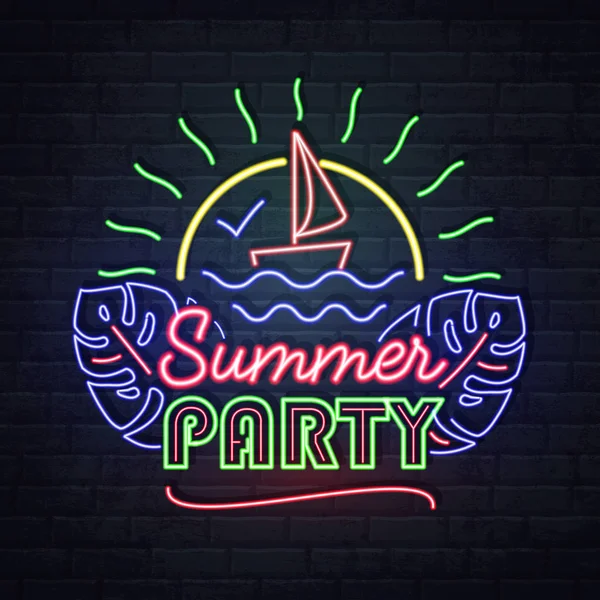 Neonová letní párty s loděmi a fluorescenční tropickými listy. Vinobraní elektrická tabule. — Stockový vektor