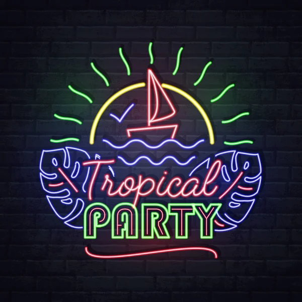 Neonskylt tropiskt parti med skepp och fluorescerande Tropic löv. Vintage elektrisk skylt. — Stock vektor