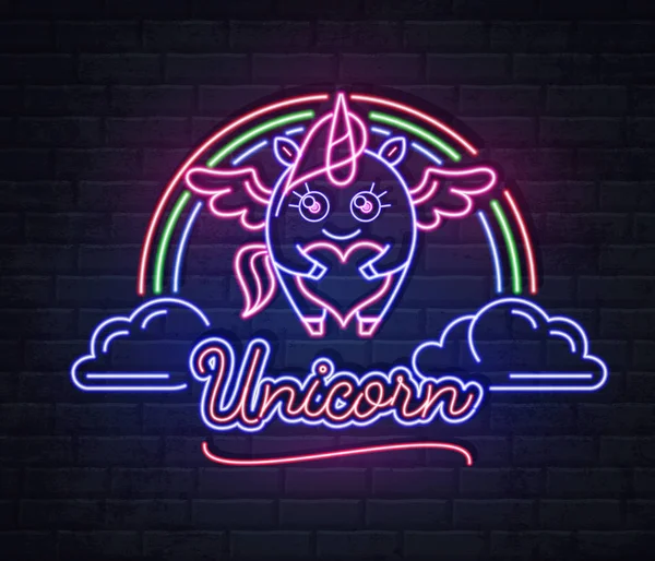Neon tandai unicorn dengan pelangi. Sinyal listrik vintage . - Stok Vektor