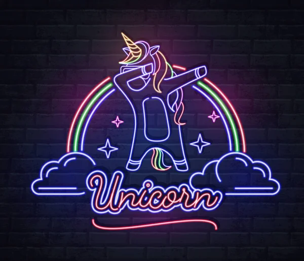 Neon sign dabbing unicorn with rainbow. Vintage electric signboard. — Stock Vector