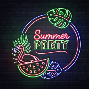 Floresan tropik yaprakları, flamingo ve karpuz ile Neon işareti yaz partisi. Vintage elektrikli tabela.