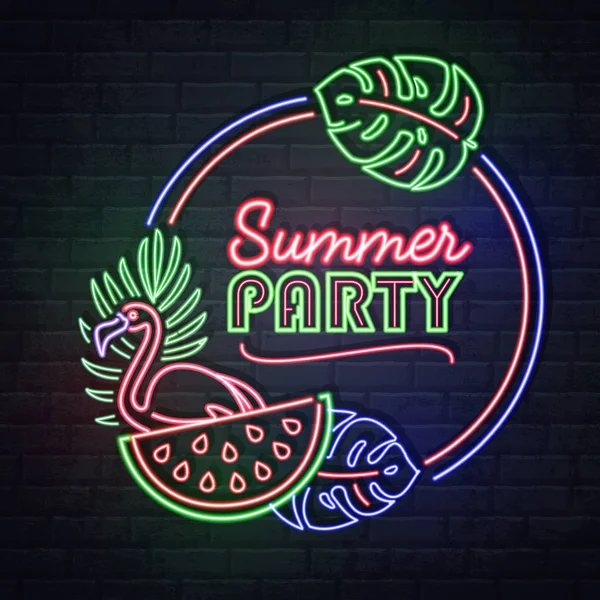 Neon sign summer party with fluorescent tropic leaves, flamingo and watermelon. Vintage electric signboard. — Stock Vector
