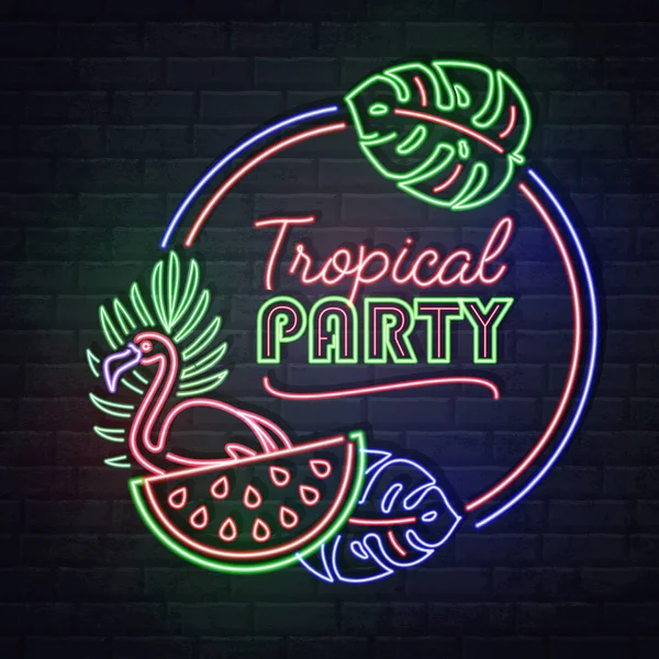 Señal de neón fiesta tropical con hojas tropicales fluorescentes, flamenco y sandía. Letrero eléctrico vintage . — Archivo Imágenes Vectoriales