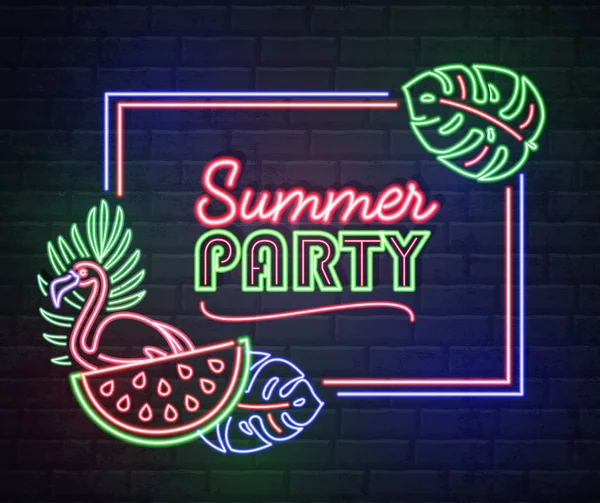 Neon sign summer party with fluorescent tropic leaves, flamingo and watermelon. Vintage electric signboard. — Stock Vector