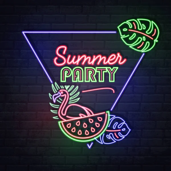 Неоновая знаковая летняя вечеринка с флуоресцентными тропическими листьями, фламинго и арбузом. Винтажная электрическая вывеска . — стоковый вектор