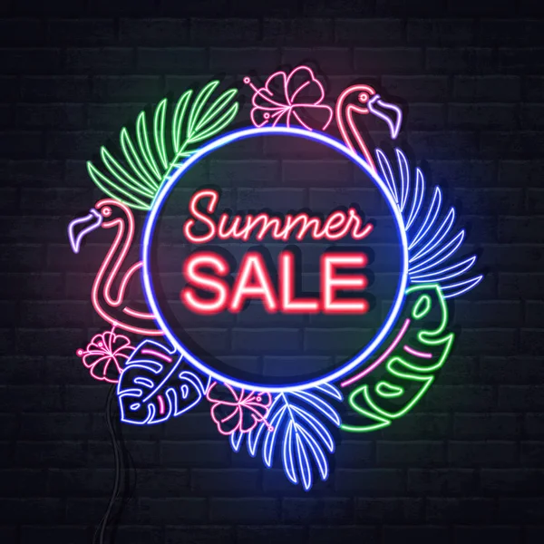 Leuchtreklame Sommerschlussverkauf mit fluoreszierenden tropischen Blättern und Flamingo. Elektrische Anzeigetafel. — Stockvektor