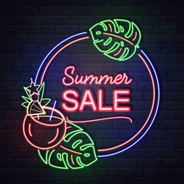 Neon sign summer big sale with fluorescent tropic leaves and cocktail. Vintage electric signboard. — Stock Vector