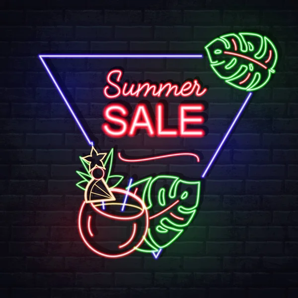 Neon sign summer big sale with fluorescent tropic leaves and cocktail. Vintage electric signboard. — Stock Vector