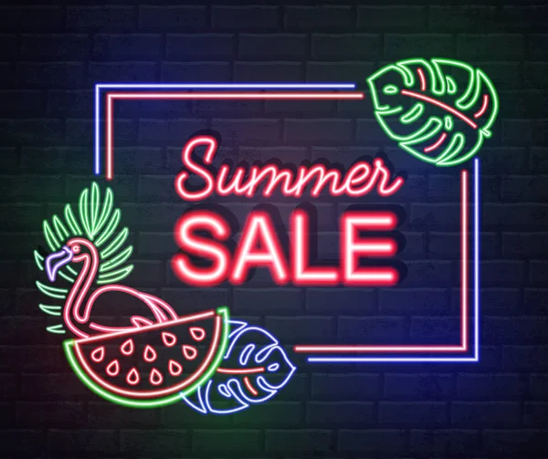 Leuchtreklame Sommerschlussverkauf mit fluoreszierenden tropischen Blättern und Flamingo. Elektrische Anzeigetafel. — Stockvektor