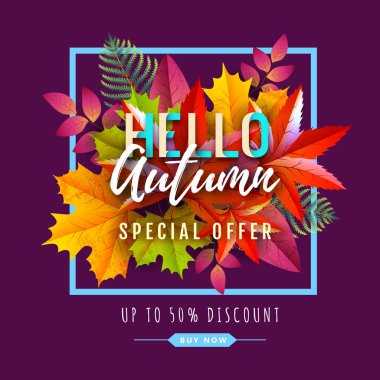 Sonbahar yaprakları ile sonbahar büyük satış tipografi poster. Doğa konsepti