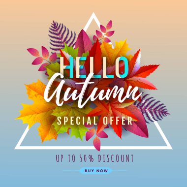 Sonbahar yaprakları ile sonbahar büyük satış tipografi poster. Doğa konsepti