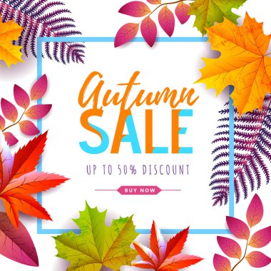 Sonbahar yaprakları ile sonbahar büyük satış tipografi poster. Doğa konsepti