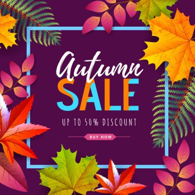 Sonbahar yaprakları ile sonbahar büyük satış tipografi poster. Doğa konsepti