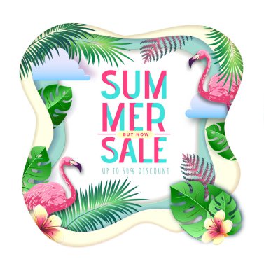 Flamingo ve tropik yaprakları ile Yaz büyük satış tipografi posteri. Doğa kavramı. Kağıt sanatı tarzı tasarımı nı kesin