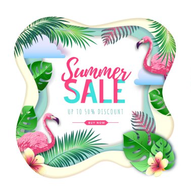 Flamingo ve tropik yaprakları ile Yaz büyük satış tipografi posteri. Doğa kavramı. Kağıt sanatı tarzı tasarımı nı kesin