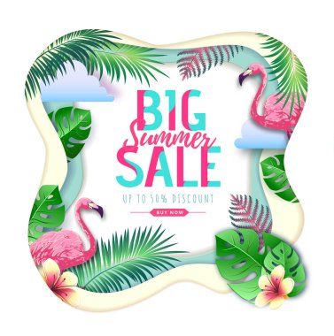 Flamingo ve tropik yaprakları ile Yaz büyük satış tipografi posteri. Doğa kavramı. Kağıt sanatı tarzı tasarımı nı kesin