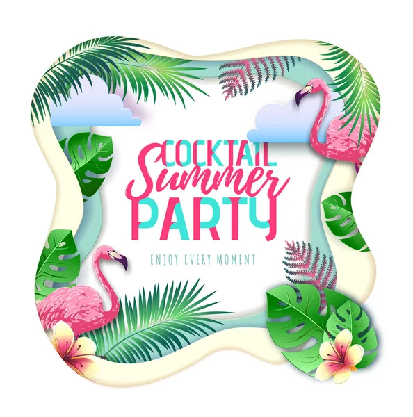 Poster tipografico estivo cocktail party con fenicottero e foglie tropicali. Tagliare disegno stile carta arte — Vettoriale Stock