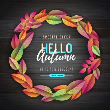 Sonbahar büyük satış tipografi posteri sonbahar çelenk yaprakları. Doğa kavramı