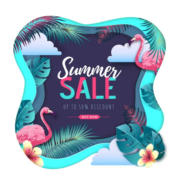 Cartel tipográfico de gran venta de verano con flamingo y hojas tropicales. Concepto de naturaleza. Cortar diseño de estilo de arte de papel — Archivo Imágenes Vectoriales