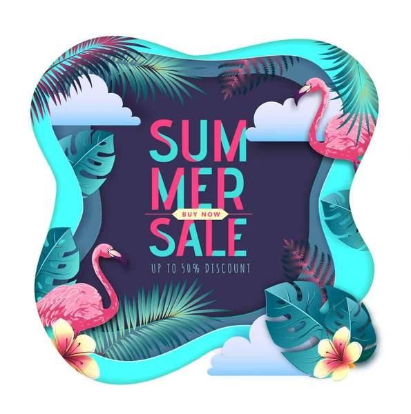 Sommer-Großverkauf Typografie-Poster mit Flamingo und tropischen Blättern. Naturkonzept. ausgeschnittene Papier Art Stil Design — Stockvektor