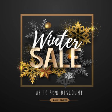 Altın kar taneleri ile Noel afişi. Kış büyük satış afişi. Noel arka plan