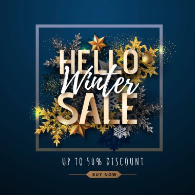Altın kar taneleri ile Noel afişi. Kış büyük satış afişi. Noel arka plan