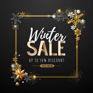 Altın kar taneleri ile Noel afişi. Kış büyük satış afişi. Noel arka plan