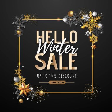 Altın kar taneleri ile Noel afişi. Kış büyük satış afişi. Noel arka plan