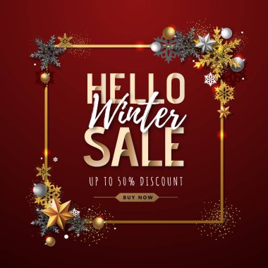 Altın kar taneleri ile Noel afişi. Kış büyük satış afişi. Noel arka plan