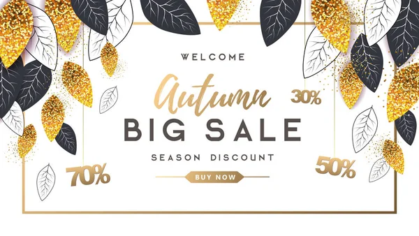 Outono grande venda tipografia cartaz com folhas de outono douradas e pretas. Conceito de natureza — Vetor de Stock