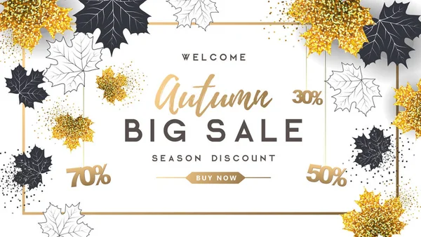 Herfst grote verkoop typografie poster met gouden en zwarte herfst bladeren. Natuur concept — Stockvector