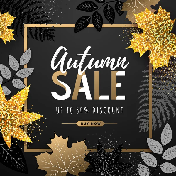Осенняя большая распродажа типографского плаката с золотыми и черными осенними листьями. Концепция природы — стоковый вектор