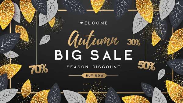 Cartel de tipografía de gran venta de otoño con hojas de otoño doradas y negras. Concepto de naturaleza — Vector de stock