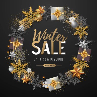 Kar tanesi çelenk ile Kış büyük satış tipografi posteri. Kış konsepti