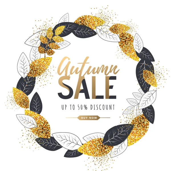 Cartel de tipografía de gran venta de otoño con corona de hojas de otoño. Concepto de naturaleza — Vector de stock
