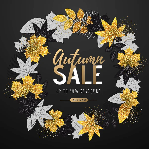 Осенняя большая распродажа типографского плаката с осенним венком из листьев. Концепция природы — стоковый вектор