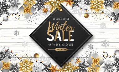 Altın Noel kar taneleri ve hediyeler ile Kış afiş. Kış büyük satış afişi. Wiinter arka plan