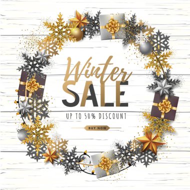 Altın Noel kar taneleri ve hediyeler ile Kış afiş. Kış büyük satış afişi. Wiinter arka plan