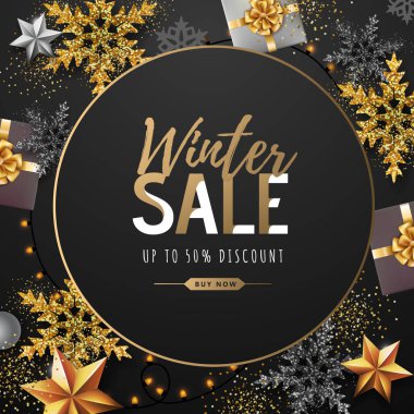 Altın Noel kar taneleri ve hediyeler ile Kış afiş. Kış büyük satış afişi. Wiinter arka plan